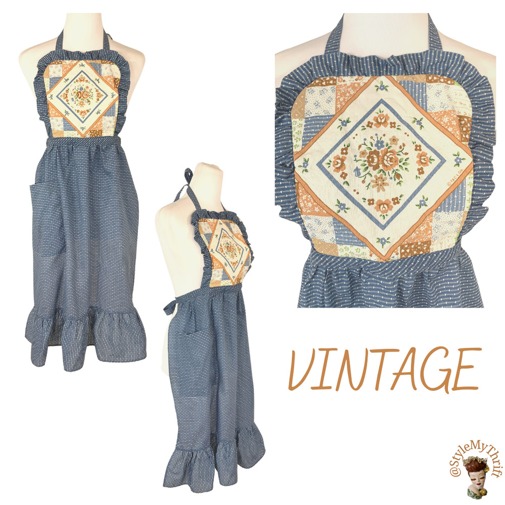 Vintage 80s CottageCore FarmCore GrandmaCore Blue Orange Ruffle Apron ShabbyChic
